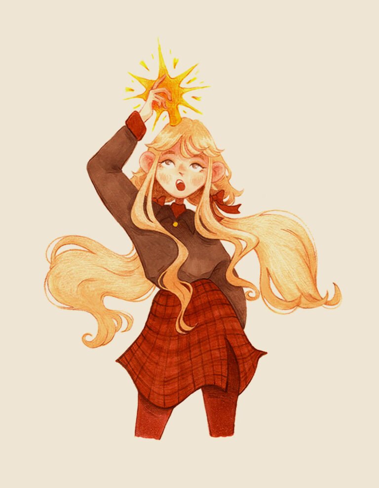 Marker illustration of a long-haired blonde girl placing a Christmas star on her head