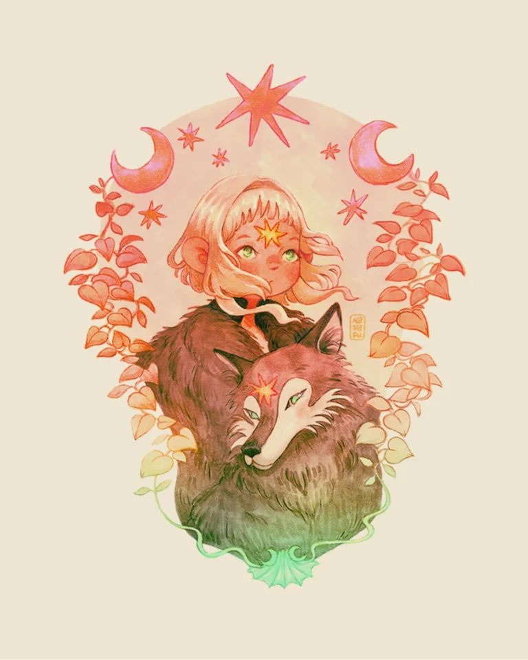 Illustration of Aurora standing beside a wolf