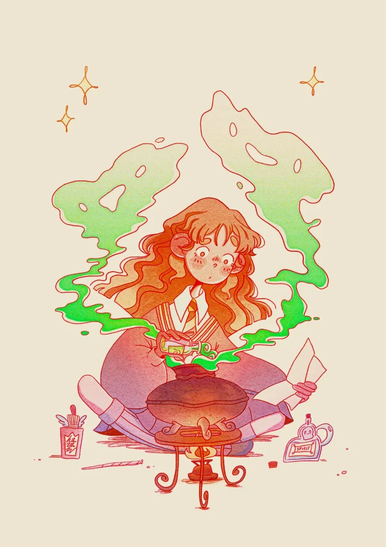 Illustration of Hermione brewing a potion