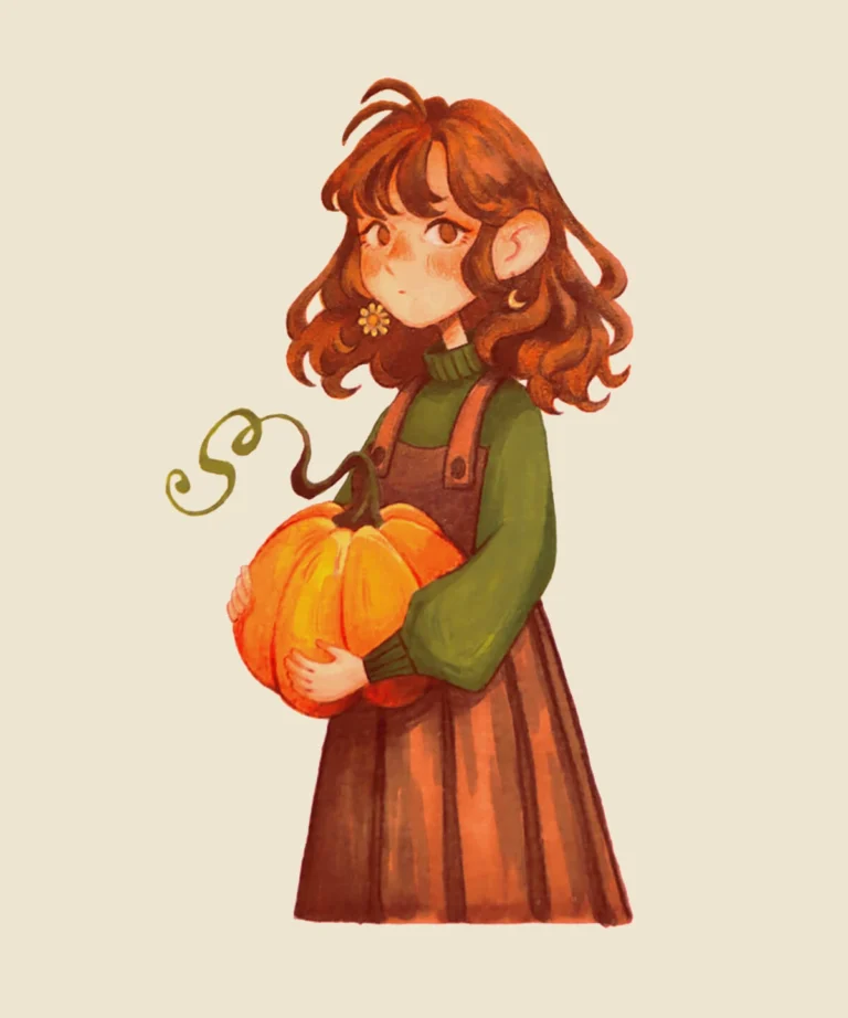 Pastoral illustration of a brunette girl holding a pumpkin