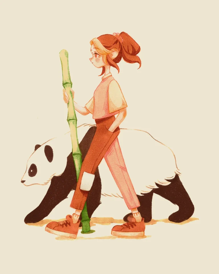 Traditional illustration of a girl walking beside a panda, holding bamboo
